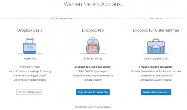 Dropbox Speicher-Optionen