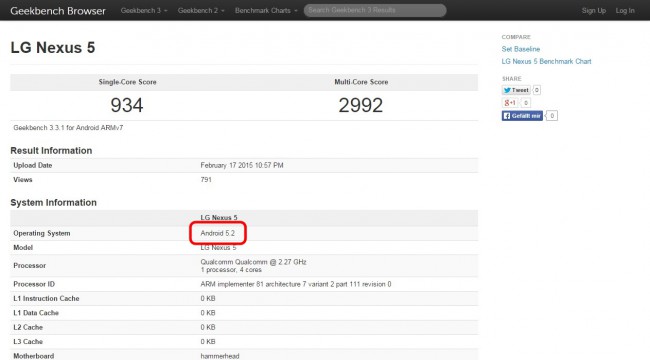 Nexus 5 Geekbench mit Android 5.2 Lollipop