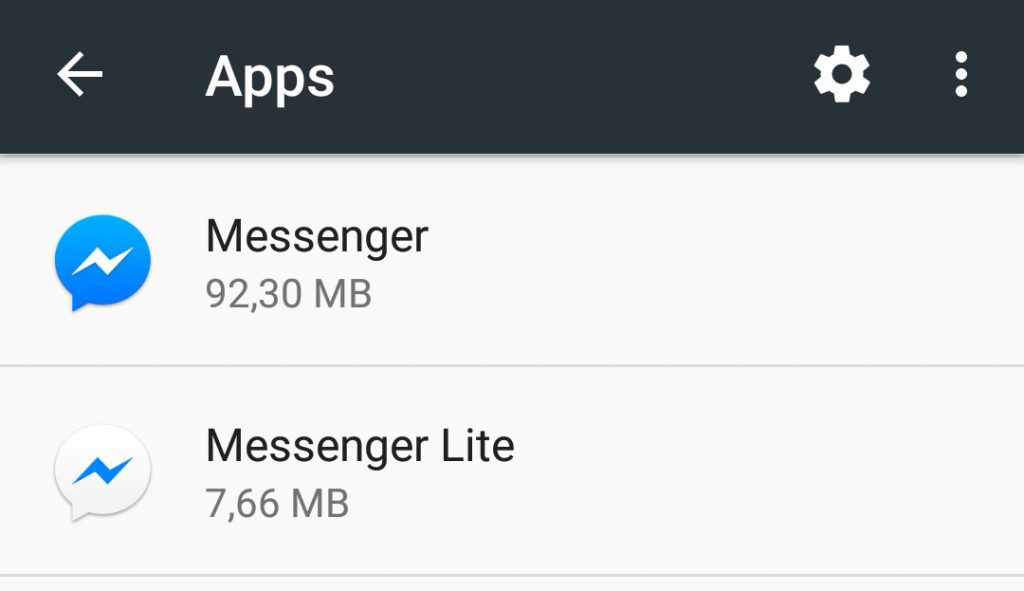 Facebook Messenger Vergleich Dateigröße installiert