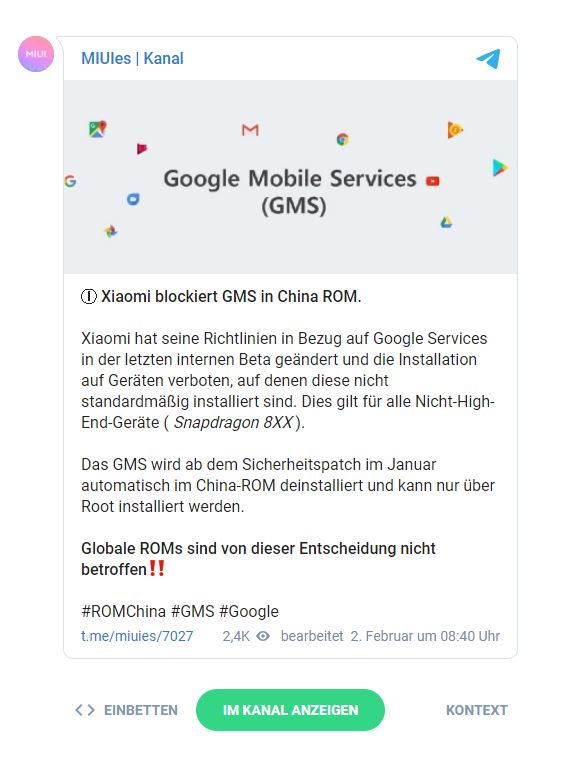 Xiaomi verbietet Google Mobile Dienste