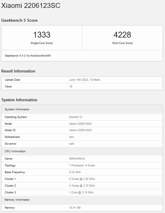 Xiaomi 12S Geekbench-Dateneintrag