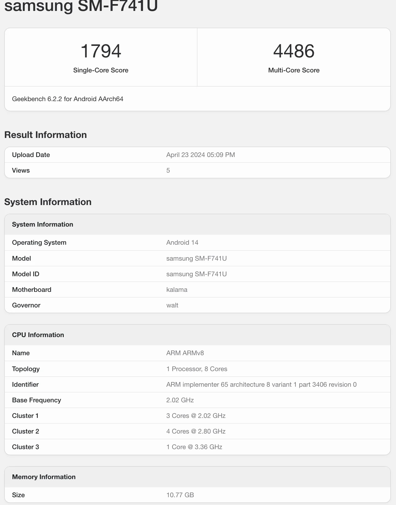 Geekbench des Samsung Galaxy Z Flip 6