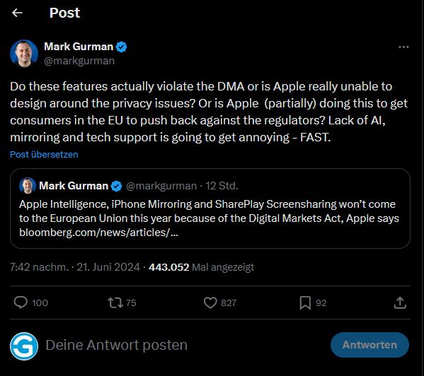 Der  Digital Markets Act blockiert laut Apple die EInführung von KI-Funktionen auf dem iPhone 16