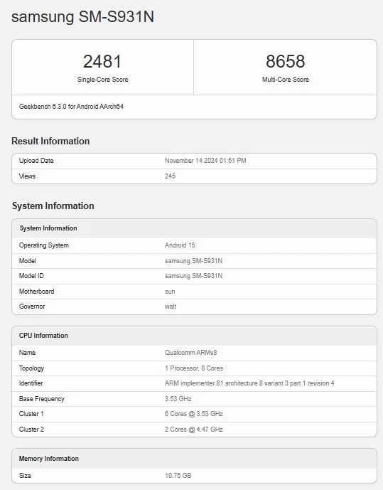Samsung Galaxy S25 im Geekbench-Test