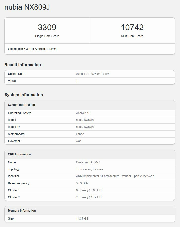 Nubia RedMagic 11 Pro Geekbench-Datenbankeintrag