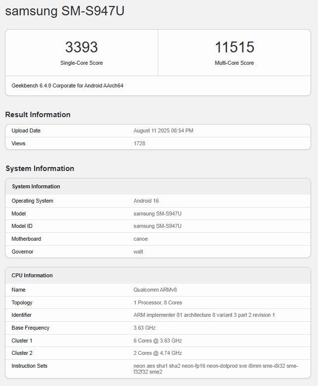 Samsung Galaxy S26 Edge bei einem Geekbench-Test