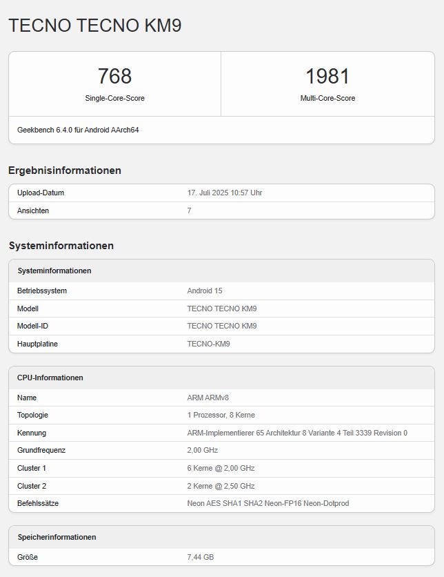 Tecno Pova Slim 5G beim Geekbench entdeckt